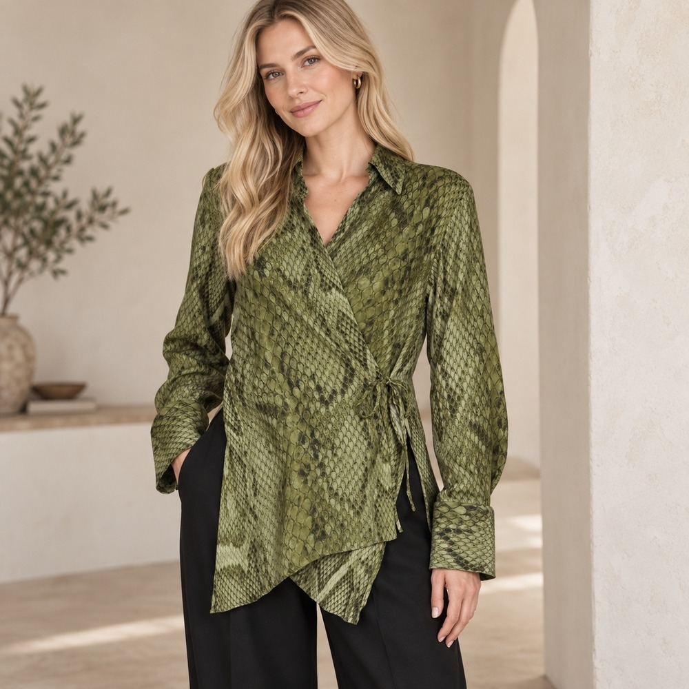 Massimo Dutti Wrap Blouse Size 8 Green Snakeskin Print Long Sleeve Office Siren